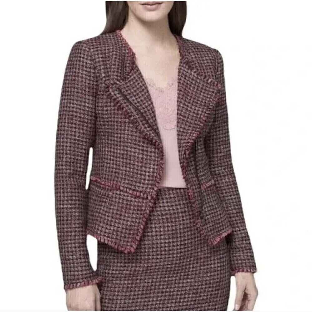 White House Black Market Wool Tweed Fringe Moto Jacket 2 burgundy
